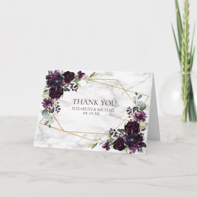 Carte Plum violet or Mariage photo géométrique Floral (Devant)