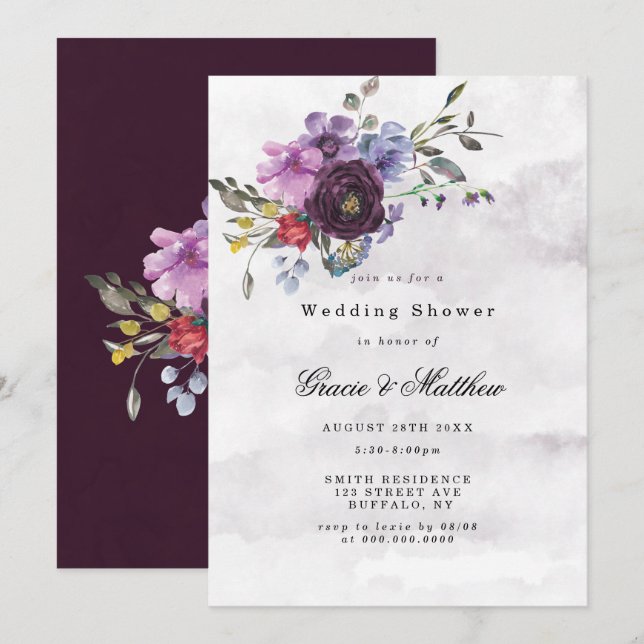Carte Plum Violet Peony Rustic Wedding showers Invitatio (Devant / Derrière)