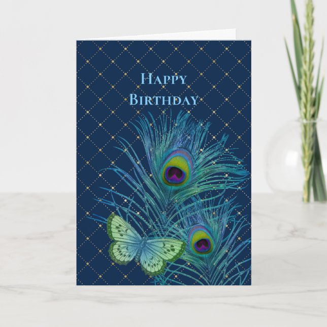 Carte Plumes bleues vintages Papillon Anniversaire (Devant)