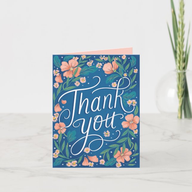 Carte Poche Lettré à la main Merci photo Floral bleu (Devant)
