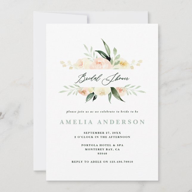 Carte Pocher vert aquarelle fleurie douche nuptiale (Devant)