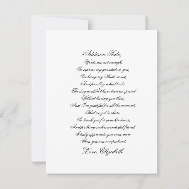 Carte Poem Script Merci Bridesmaid (Devant)