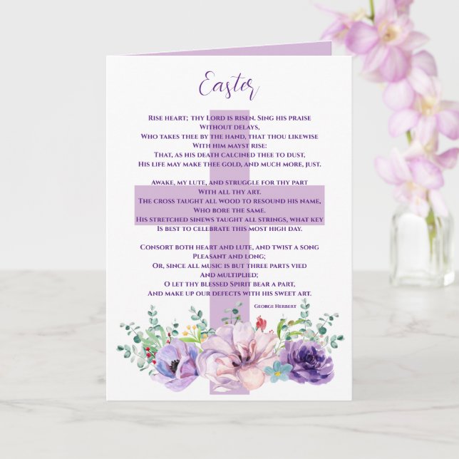 Carte Poème de Pâques Chrétien Fleurs pourpres & Croix (Orchidée)