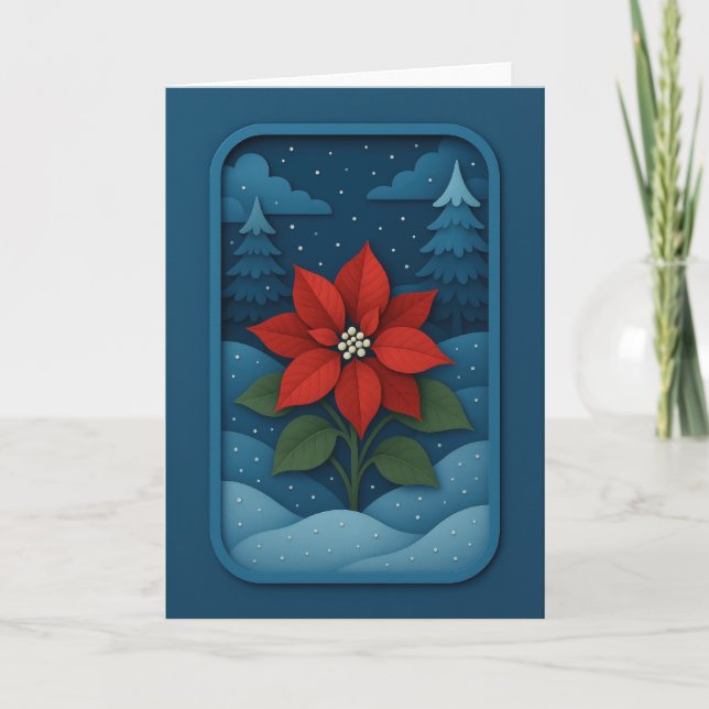 Carte Poinsettia dans une forêt enneigée (Devant)