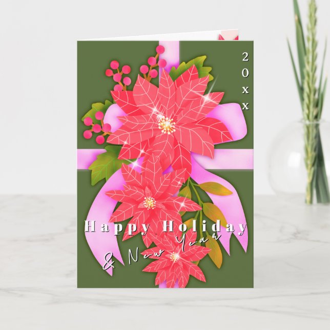 Carte Poinsettia Happy Holiday New Year Green (Devant)