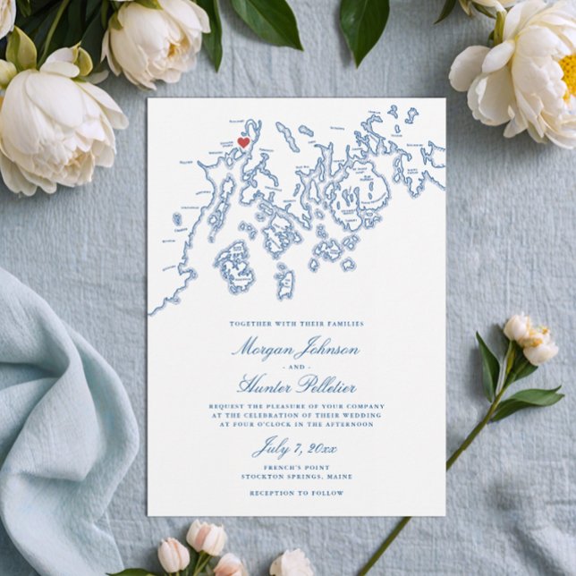 Carte Point Maine de French Mariage élégant (French's Point Maine Wedding Invitation with Stockton Springs map in elegant navy blue )