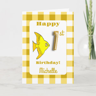 Carte Poisson et En vichy jaune Ballons Numéro 1er anniv