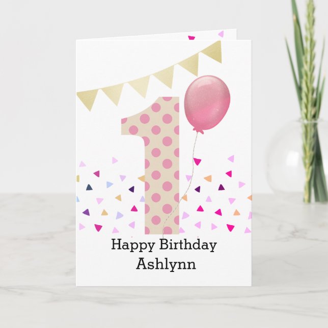Carte Polka Dot rose 1er anniversaire fille (Devant)