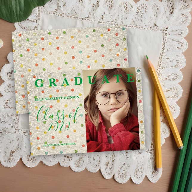 Carte Polka Dots Pre-K Graduate Photo Textile Texture (Polka Dots Pre-K Graduate Photo Green and Sand Linen Effect Fabric Graduation Announcement Card. )