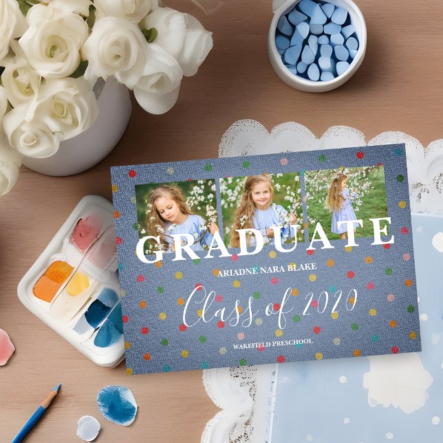 Carte Polka Dots Pre-K Graduation Three Photos Textile (Polka Dots Pre-K Graduate 3 Photos Blue Linen Effect Fabric Graduation Announcement.
)