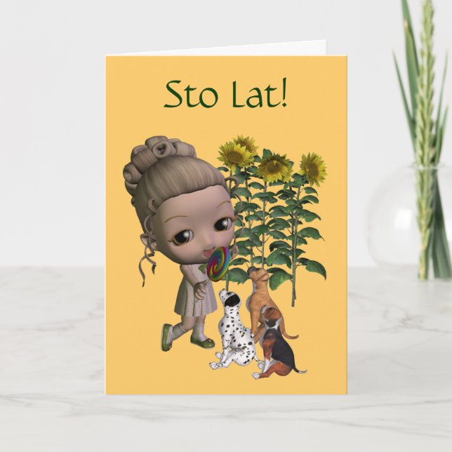 Carte Polonaise Anniversaire Sto Lat Girl Et Chiot (Devant)