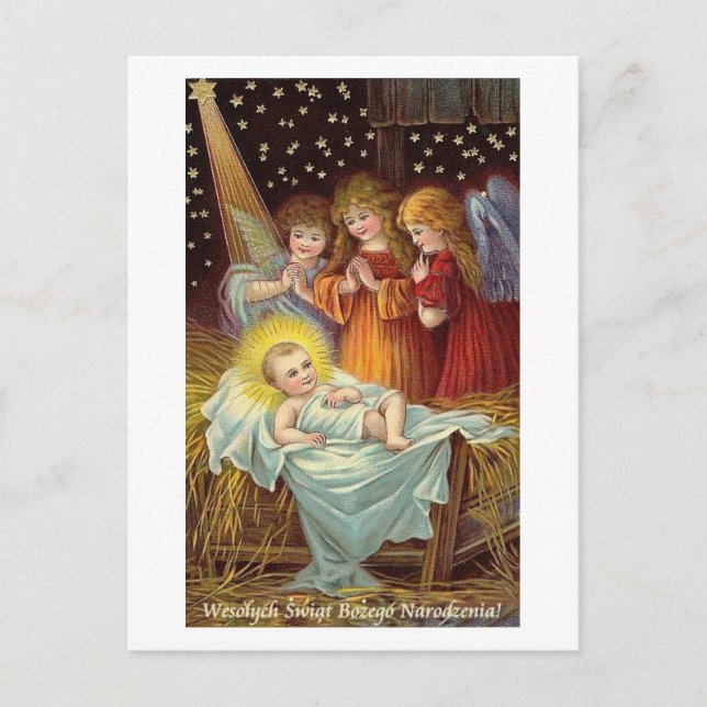 CARTE POLONAISE DE NOËL AVEC ANGELS ET JÉSUS BÉBÉ (Devant)