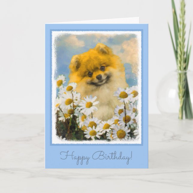Carte Pomeranian dans les marguerites peignant - art (Devant)