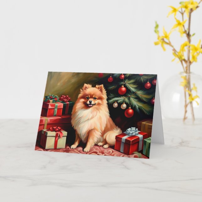 Carte Poméranie assis près du sapin de Noël (Fleur jaune)