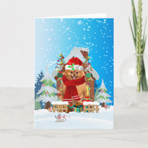 Carte Poméranie dans la neige avec cadeaux de Noël