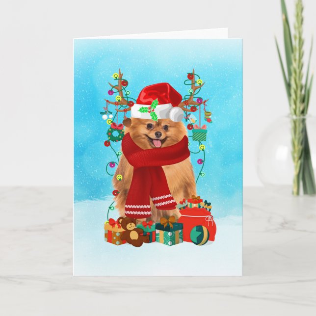 Carte Poméranie dans la neige avec cadeaux de Noël (Devant)