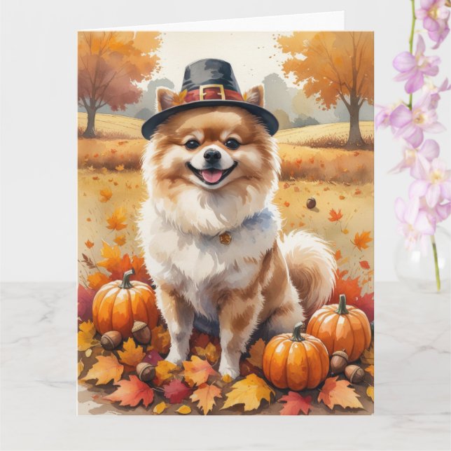 Carte Poméranien L'Automne Feuilles L'Art Thanksgiving (Orchidée)
