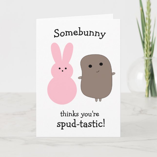 Carte Pomme de terre drôle Lapin rose Pâques (Devant)