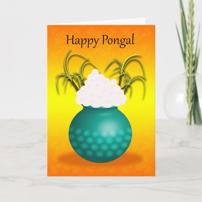Carte Pongal heureux, avec un pot de riz et de plantes (Devant)