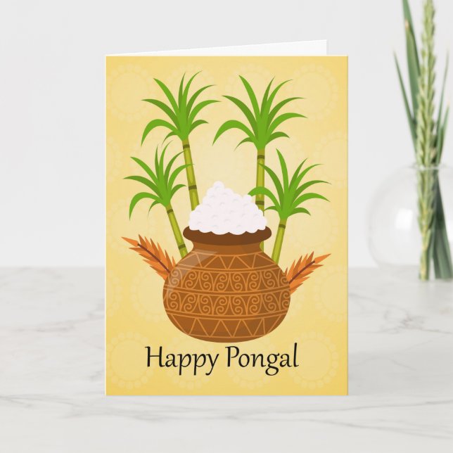 Carte Pongal heureux, avec un pot de riz et de plantes (Devant)