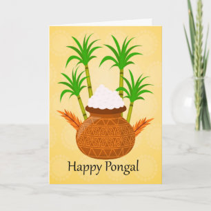 Carte Pongal heureux, avec un pot de riz et de plantes