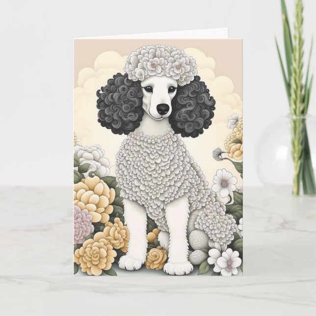 Carte Poodle dans les fleurs lunaires Joyeux anniversair (Devant)