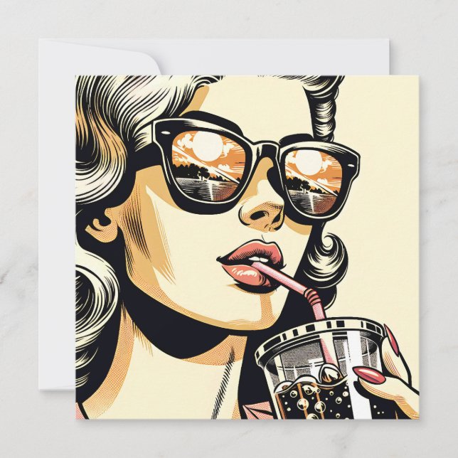 Carte Pop Art Comic Livre Jolie Femme Boire Soda (Devant)
