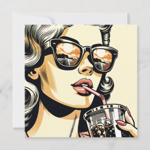 Carte Pop Art Comic Livre Jolie Femme Boire Soda