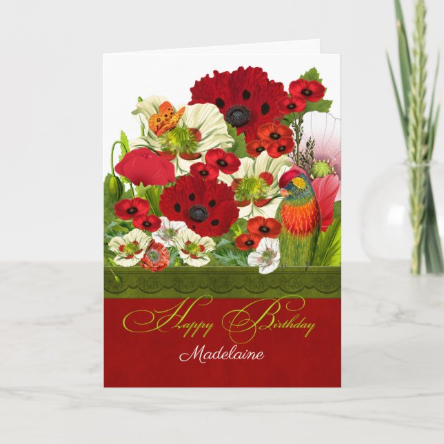 Carte Poppies avec perroquet de Lorikeet nom Anniversair (Devant)