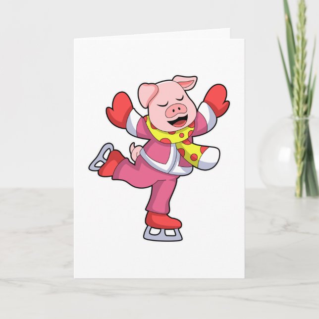 Carte Porc au patinage sur glace avec des patins à glace (Devant)