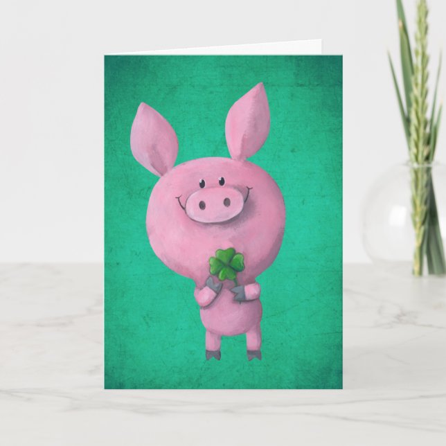 Carte Porc chanceux avec quatre feuilles de trèfle chanc (Devant)