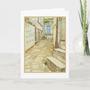 CARTE PORTE BLEUE/MUR GRAFFITI/JOLIE ANNIVERSAIRE