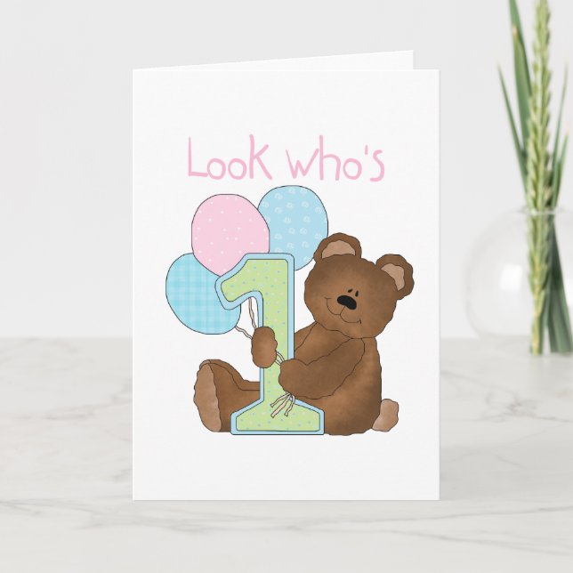 Carte Portez 1er Anniversaire Tshirts et cadeaux roses (Devant)