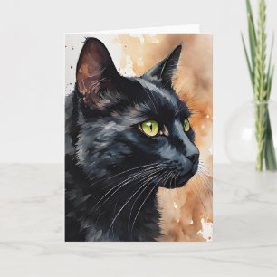 Carte Portrait aquarelle de chat noir aux yeux verts vie