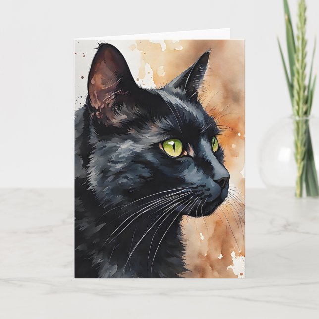 Carte Portrait aquarelle de chat noir aux yeux verts vie (Devant)