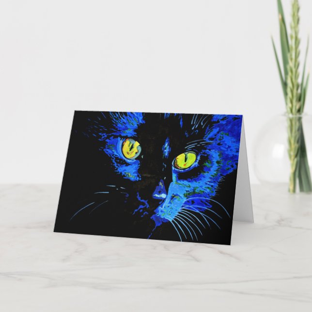 Carte Portrait Artistique Chat Noir Avec Frappe Jaune E (Devant)