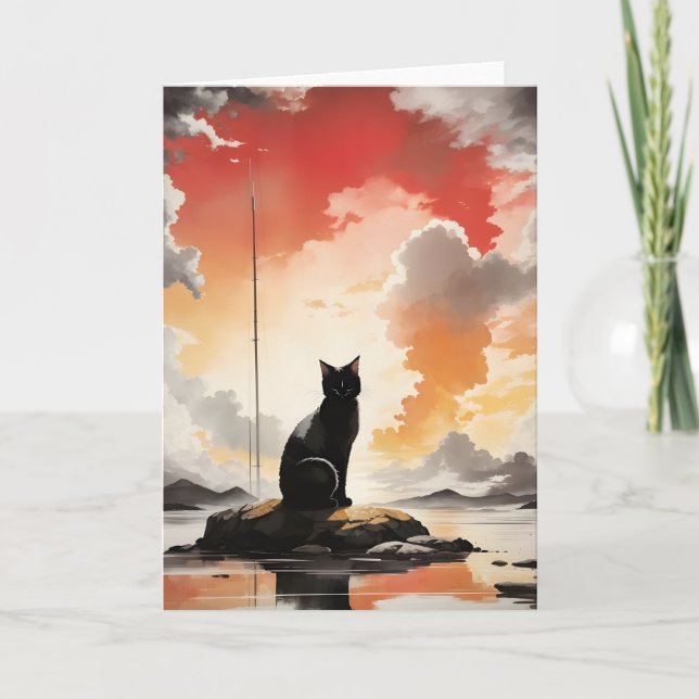 Carte Portrait de chat noir à l'aquarelle sur fond blanc (Devant)