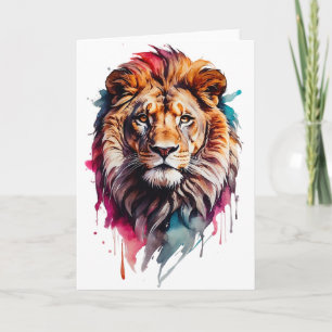 Carte Portrait d'un lion mâle à l'aquarelle, art éclabou