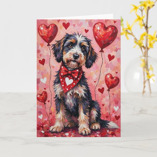 Carte Portuguese Water Dog Valentine’s Day with Hearts (Fleur jaune)