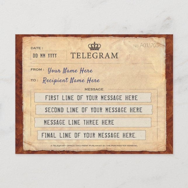CARTE POST TELEGRAM AVEC VOTRE MESSAGE (Devant)