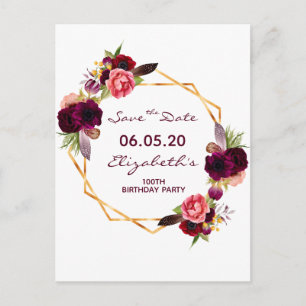 Carte Postale 100e anniversaire bordeaux blanc floral Enregistre