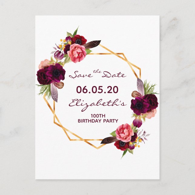 Carte Postale 100e anniversaire bordeaux blanc floral Enregistre (Devant)