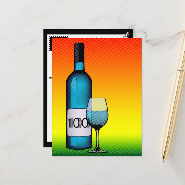 Carte Postale 100e anniversaire demi-vin bouteille et verre (Devant/Arrière en situation)