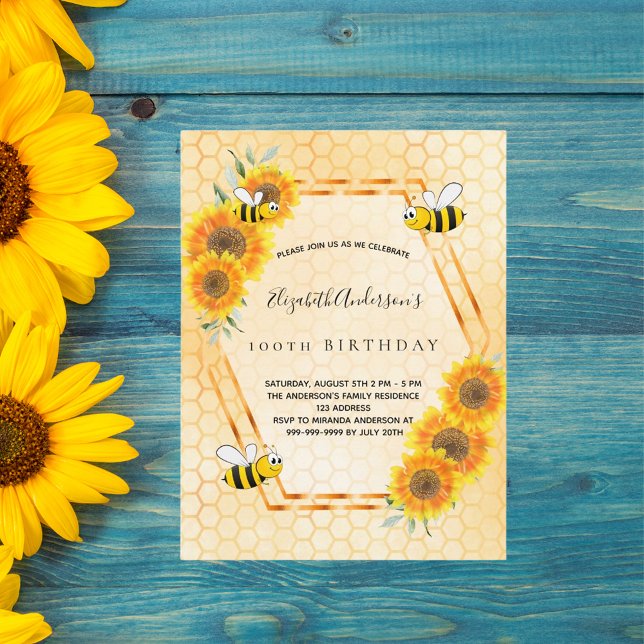 Carte Postale 100e anniversaire jaune tournesol rustique invitat (Créateur téléchargé)