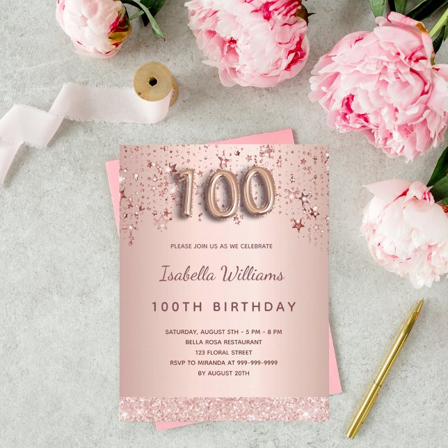 Carte Postale 100e anniversaire rose or blush étoiles glamour (Créateur téléchargé)