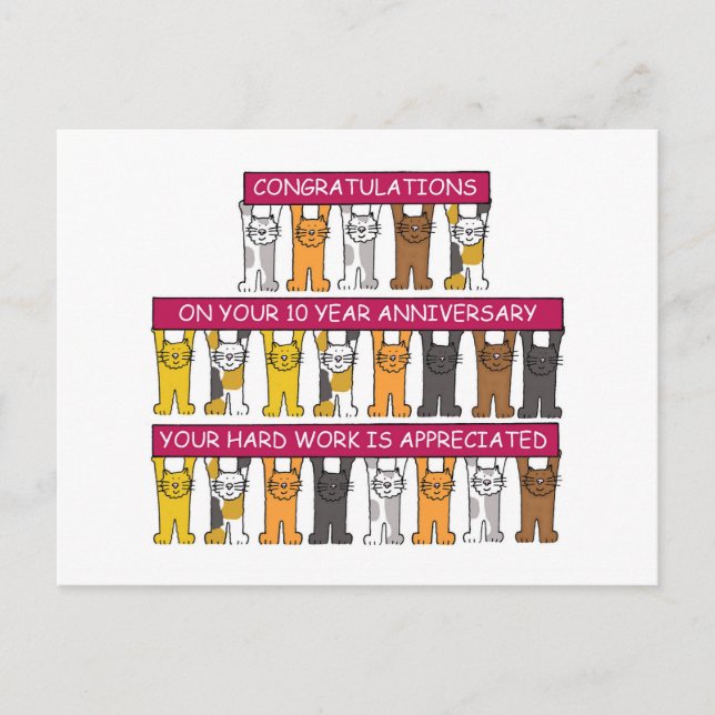 Carte Postale 10 Anniversaire du travail Cartoon Chats (Devant)