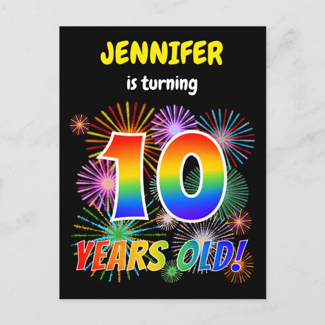 Carte Postale 10e anniversaire - Fun Fireworks, Rainbow Look "10 (Devant)