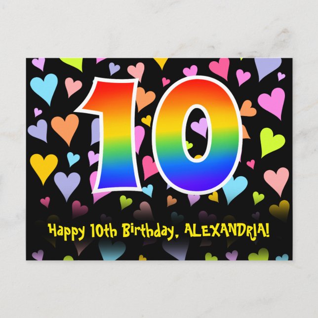 Carte Postale 10e anniversaire : motif de cœurs amusants, arc-en (Devant)