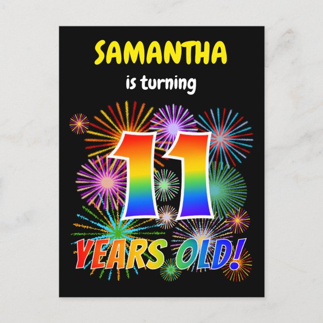 Carte Postale 11e anniversaire - Fun Fireworks, Rainbow Look "11 (Devant)
