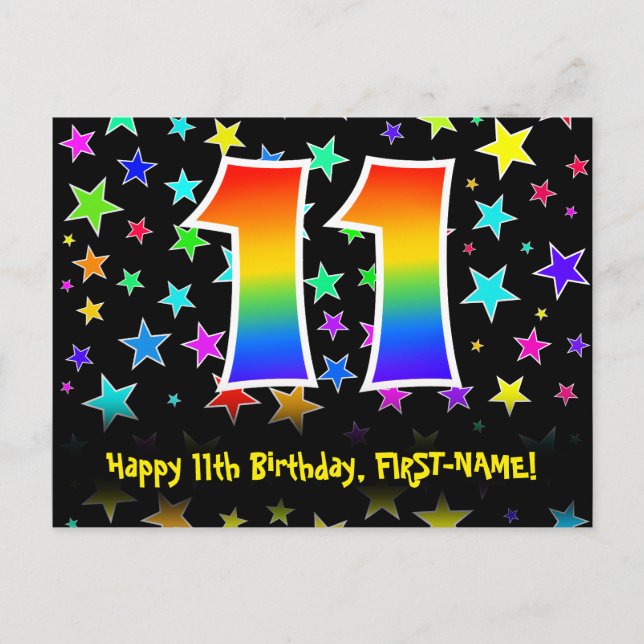 Carte Postale 11e anniversaire : motif d'étoiles amusantes, arc- (Devant)